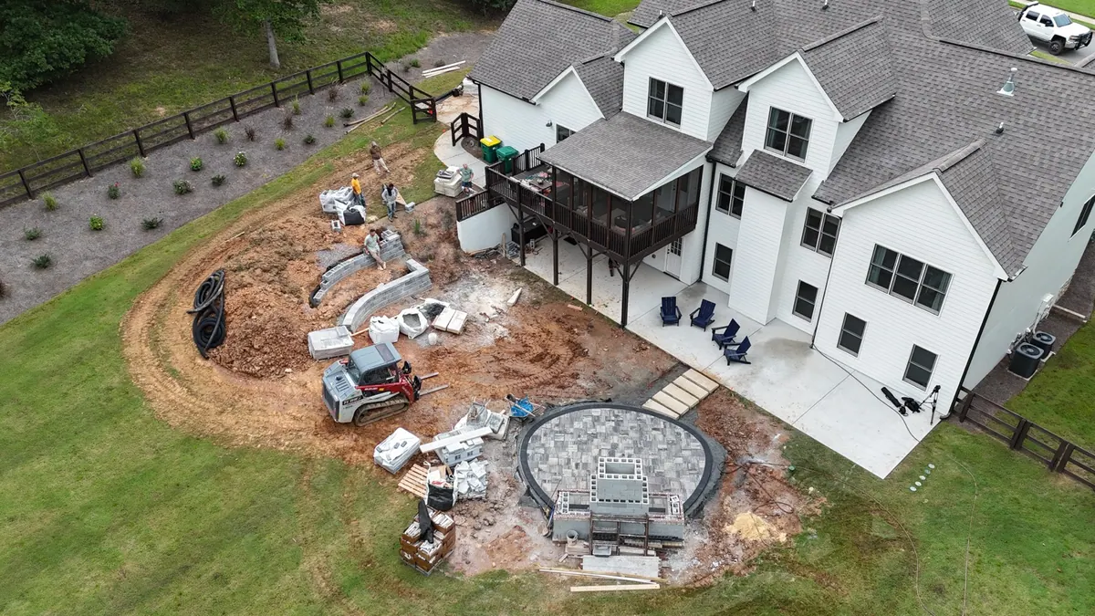 During construction: drone view of the Ball Ground build in progress