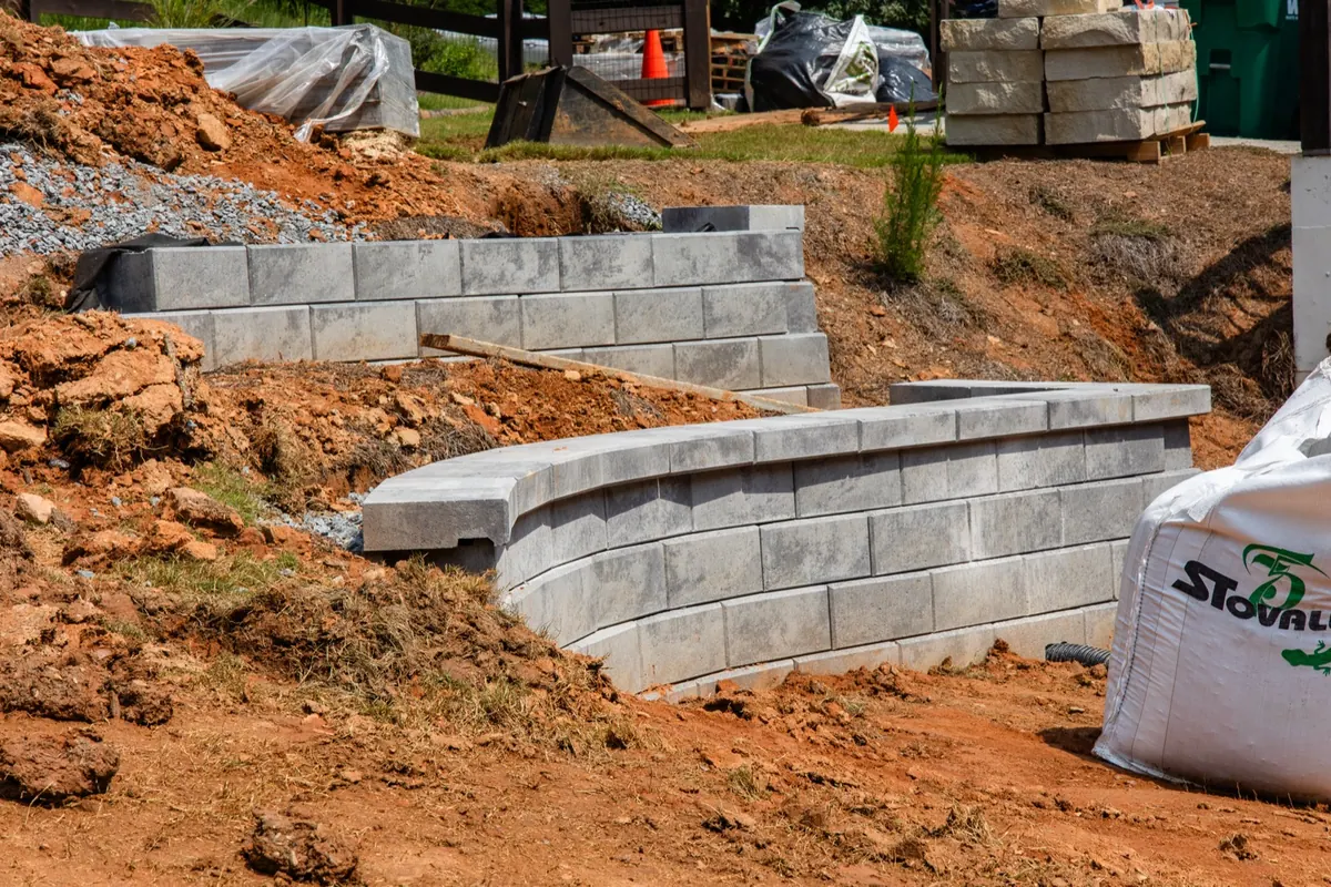 During construction: block retaining walls taking shape at Ball Ground