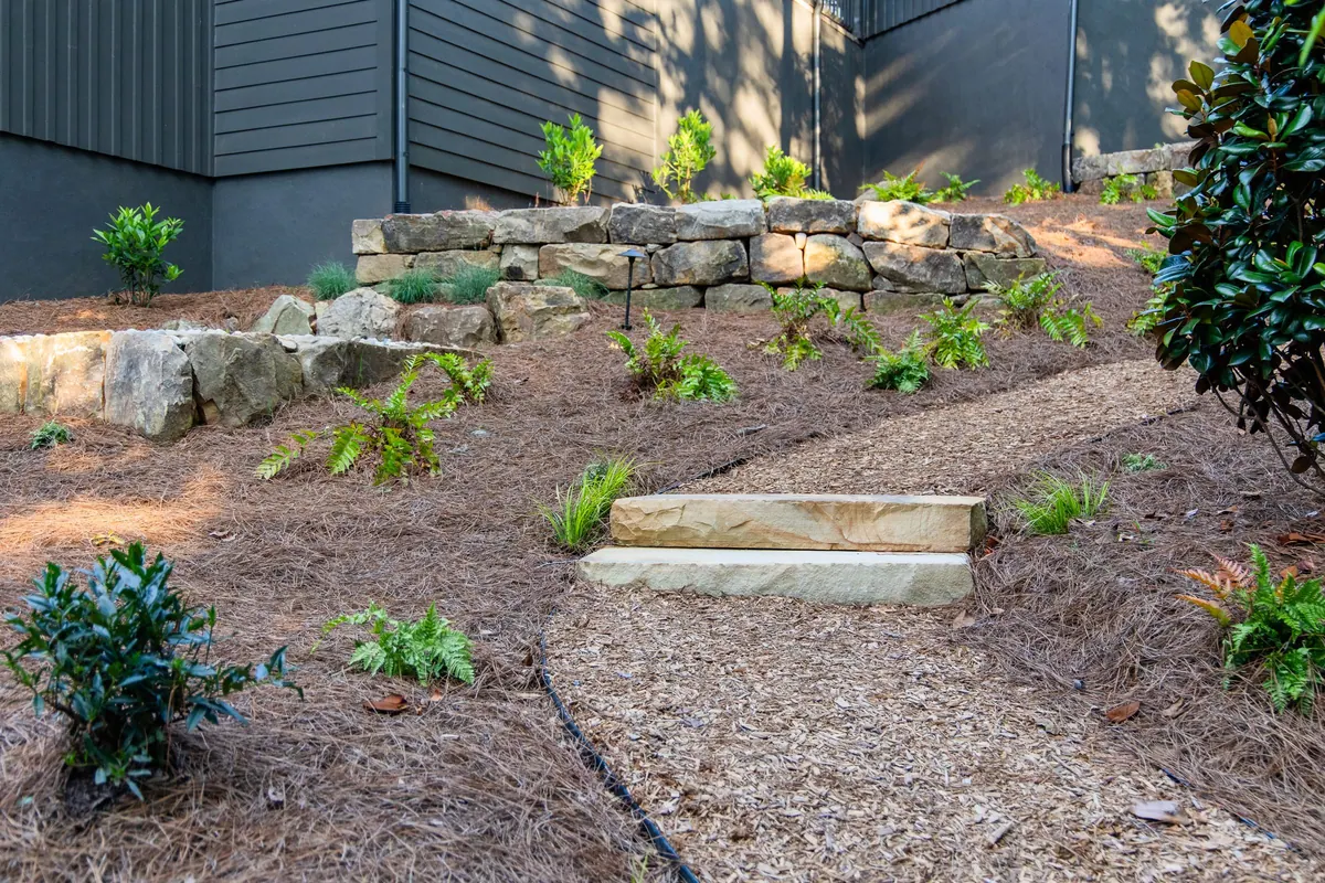 Timber steps and boulder edging on the planted hillside at Blueberry Ridge