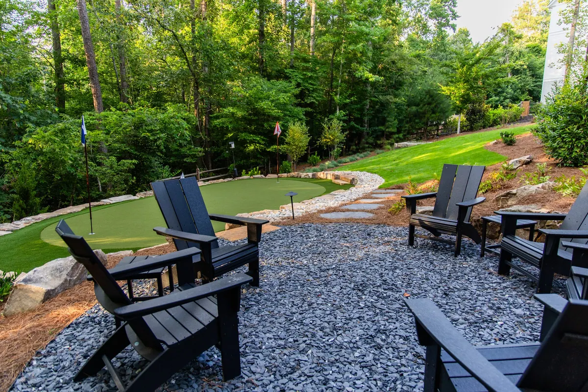 View from the Adirondack seating terrace across the putting green at the Blueberry Ridge project in Milton