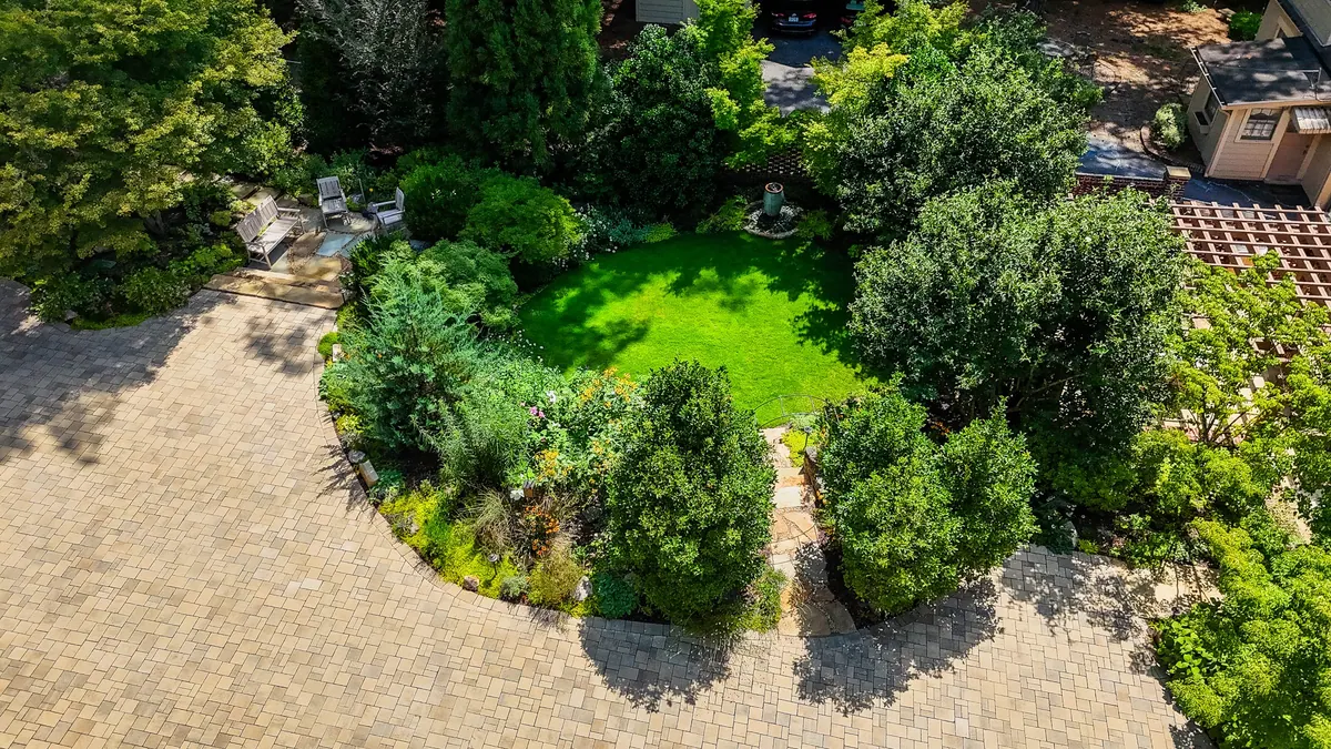 Overhead view of clipped shrubs and planting beds beside a paved garden path